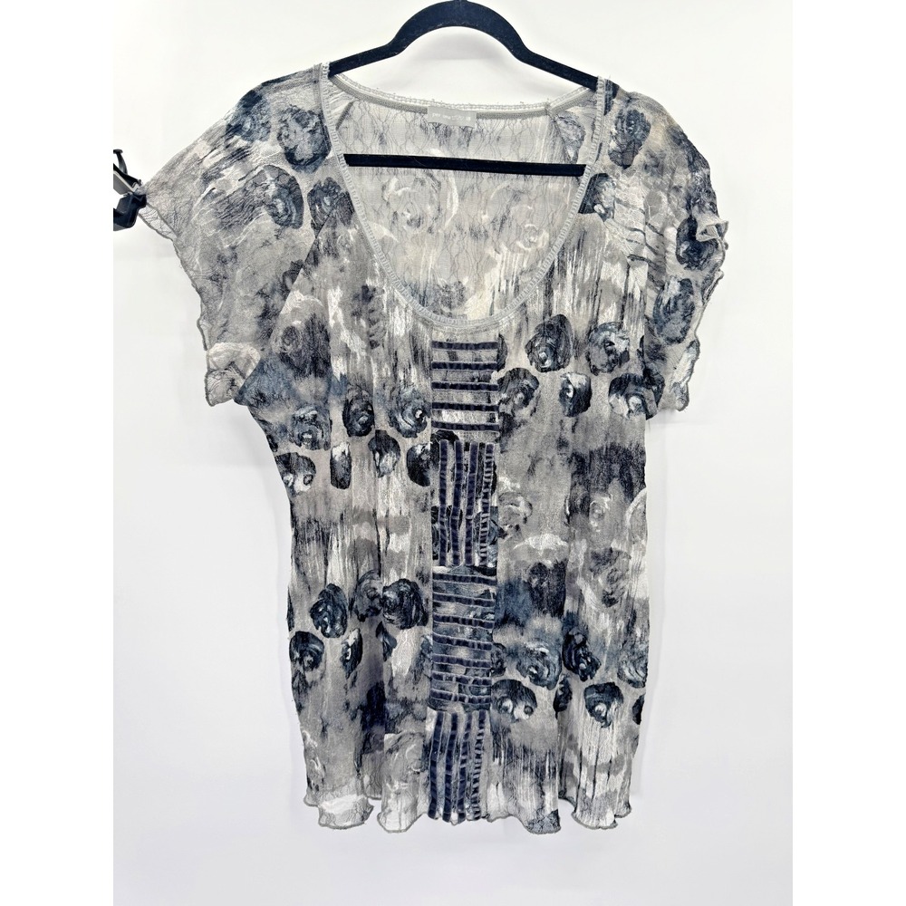 Per Una Gray Velvet Gauze Mesh Top 18 Italy Scoop Neck Stretch Mixed Media Boho - Picture 1 of 13